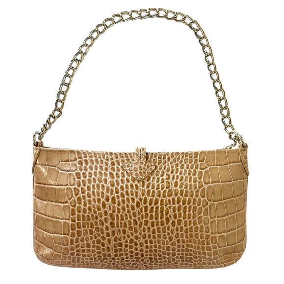 Longchamp Croc Embossed Leather Shoulder Bag Beige Tan Bamboo Chain Vintage Y2K - Picture 4 of 9